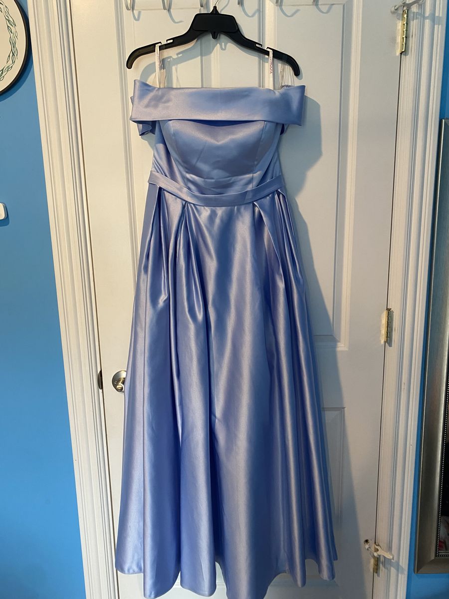 JJsHouse Size 10 Prom Off The Shoulder Satin Light Blue A-line Dress on Queenly