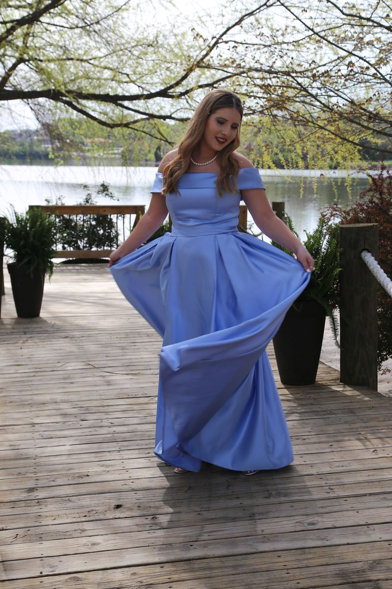 JJsHouse Size 10 Prom Off The Shoulder Satin Light Blue A-line Dress on Queenly