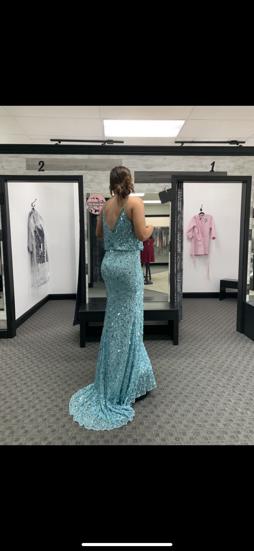 Sherri Hill Size 8 Prom Plunge Sequined Light Blue Side Slit Dress on Queenly