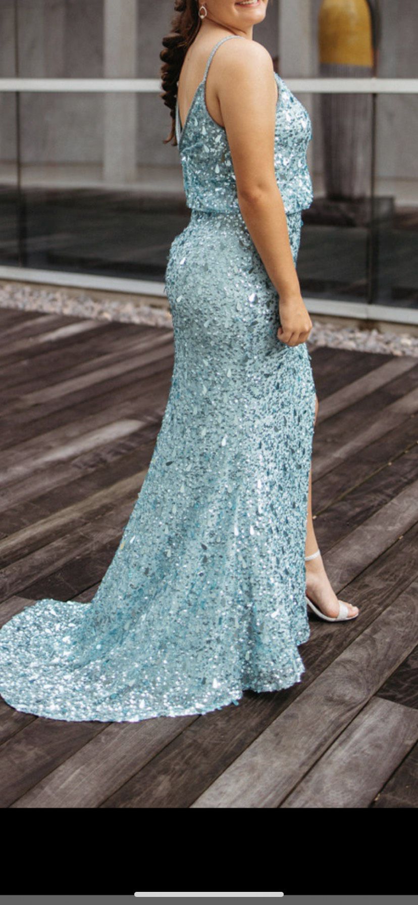 Sherri Hill Size 8 Prom Plunge Sequined Light Blue Side Slit Dress on Queenly