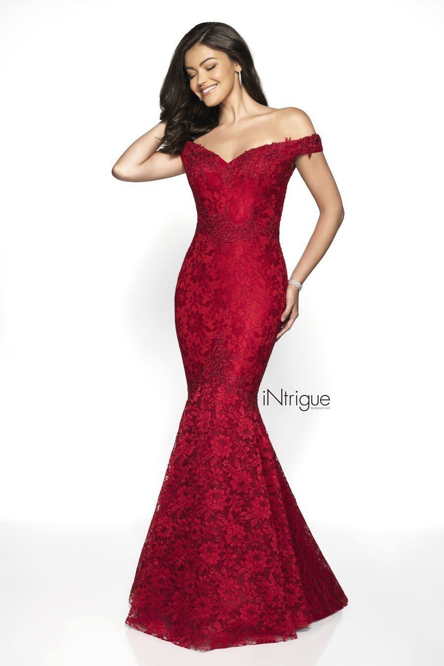 Style 425 Blush Prom Size 10 Prom Plunge Lace Red Mermaid Dress on Queenly