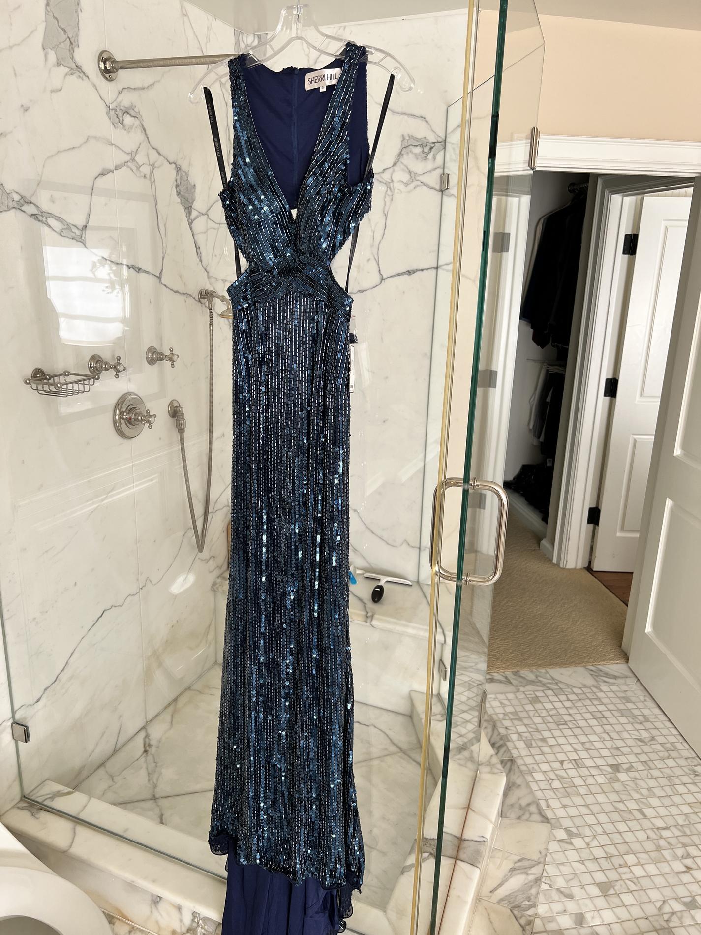 Sherri Hill Size 0 Prom Plunge Navy Blue Floor Length Maxi on Queenly