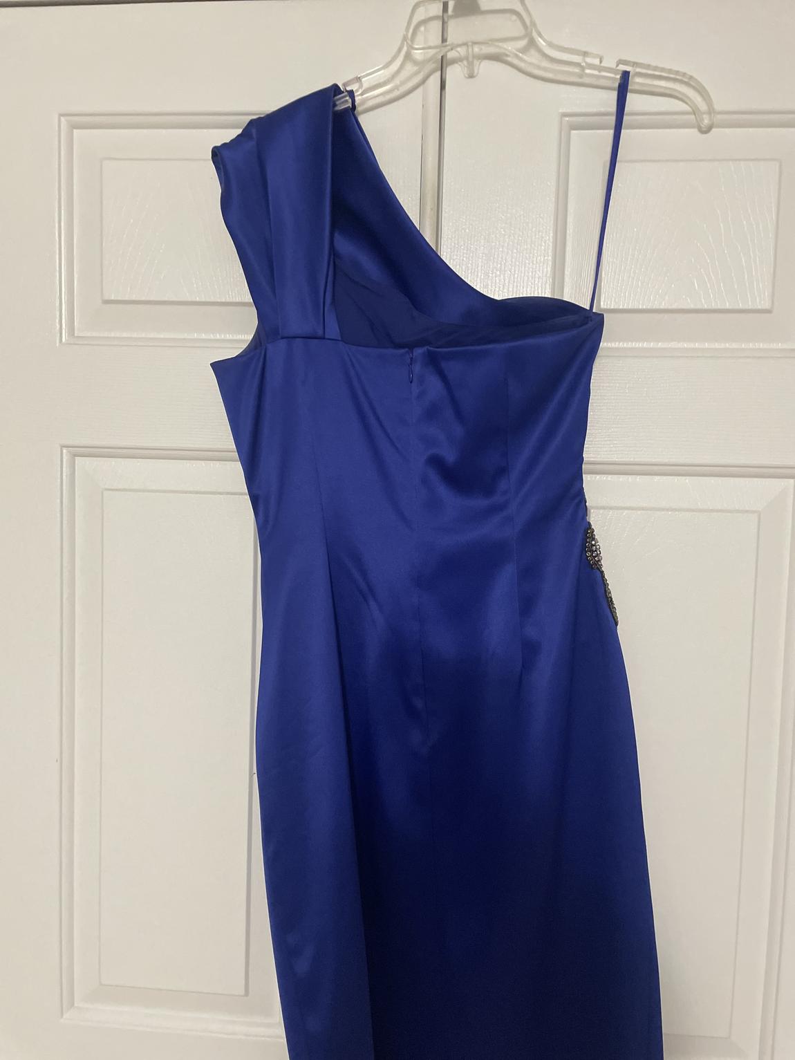 Eliza J Size 4 One Shoulder Satin Blue Cocktail Dress on Queenly