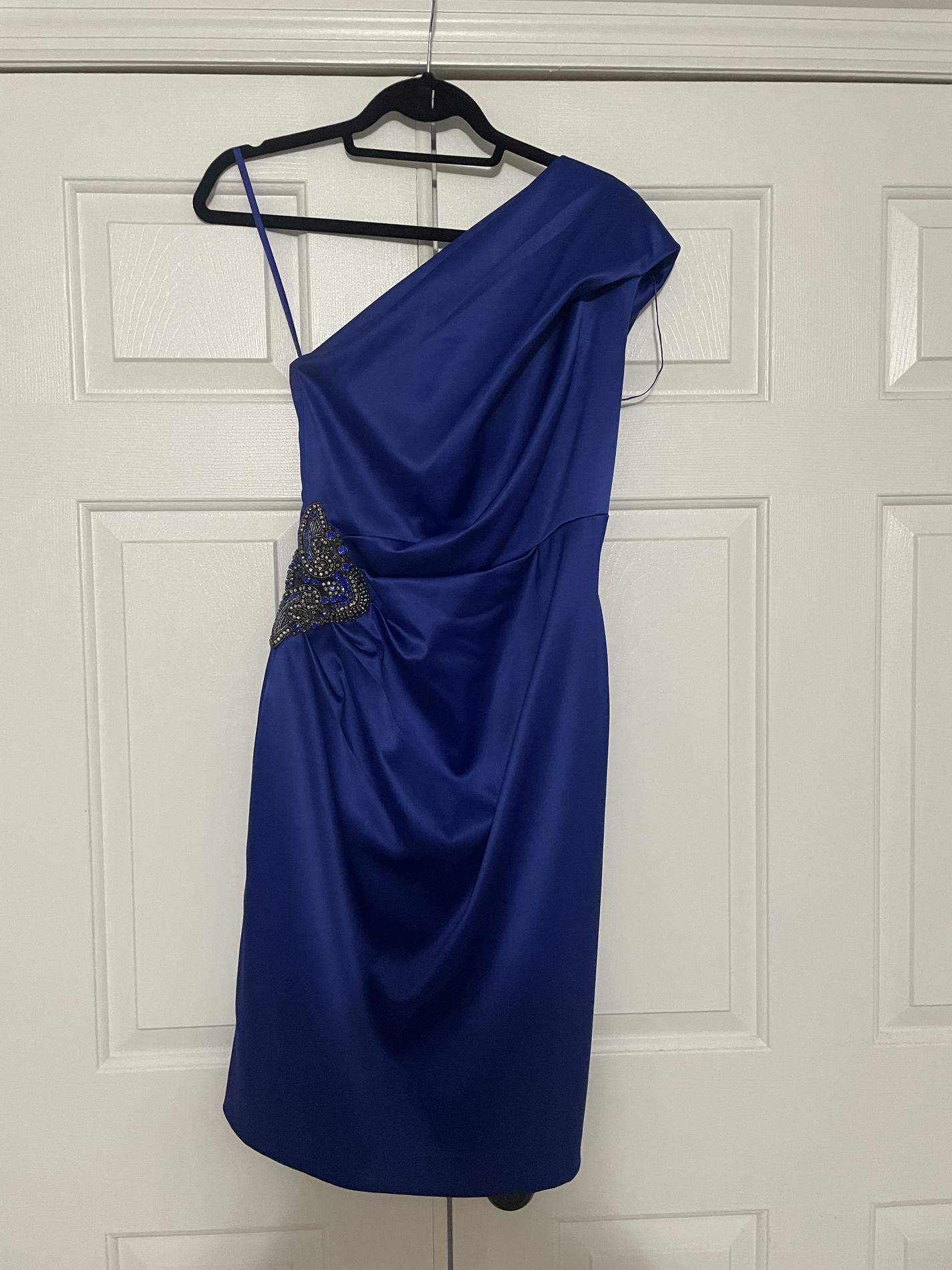 Eliza J Size 4 One Shoulder Satin Blue Cocktail Dress on Queenly