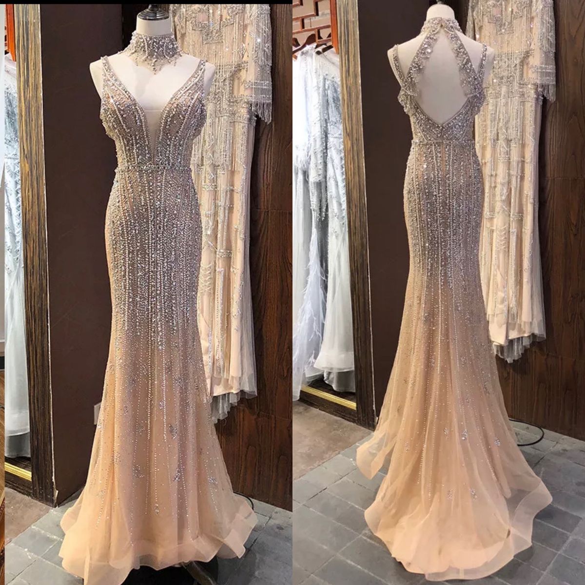 ShinyDressesFashion Nude Size 10 Plus Size Cap Sleeve Prom Tulle Mermaid Dress on Queenly
