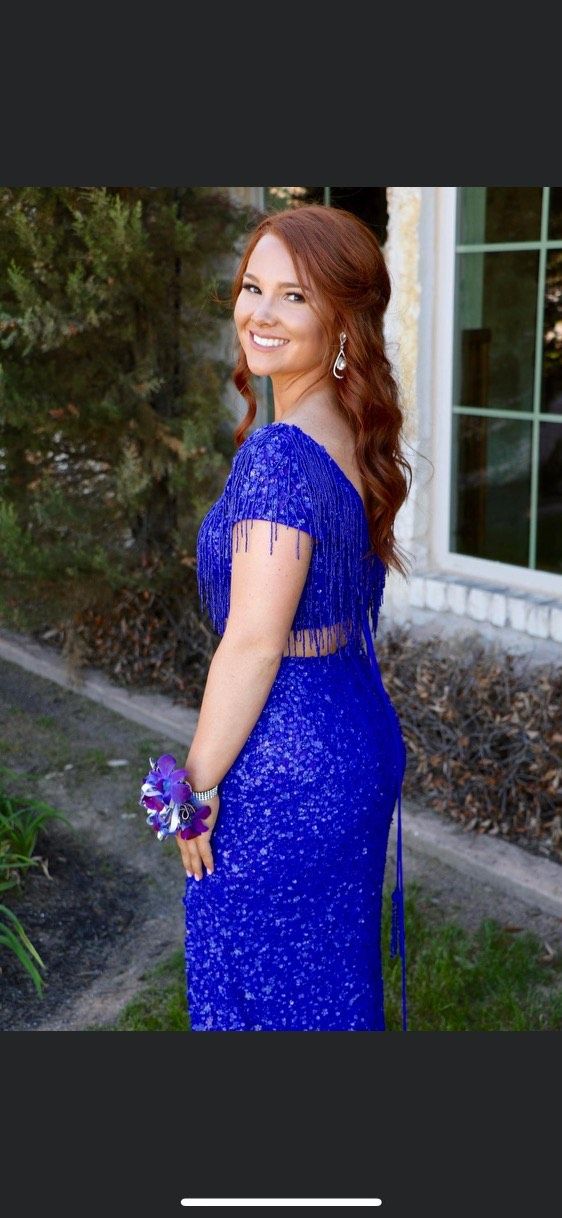 Sherri Hill Size 2 Prom Cap Sleeve Sequined Royal Blue Side Slit Dress on Queenly