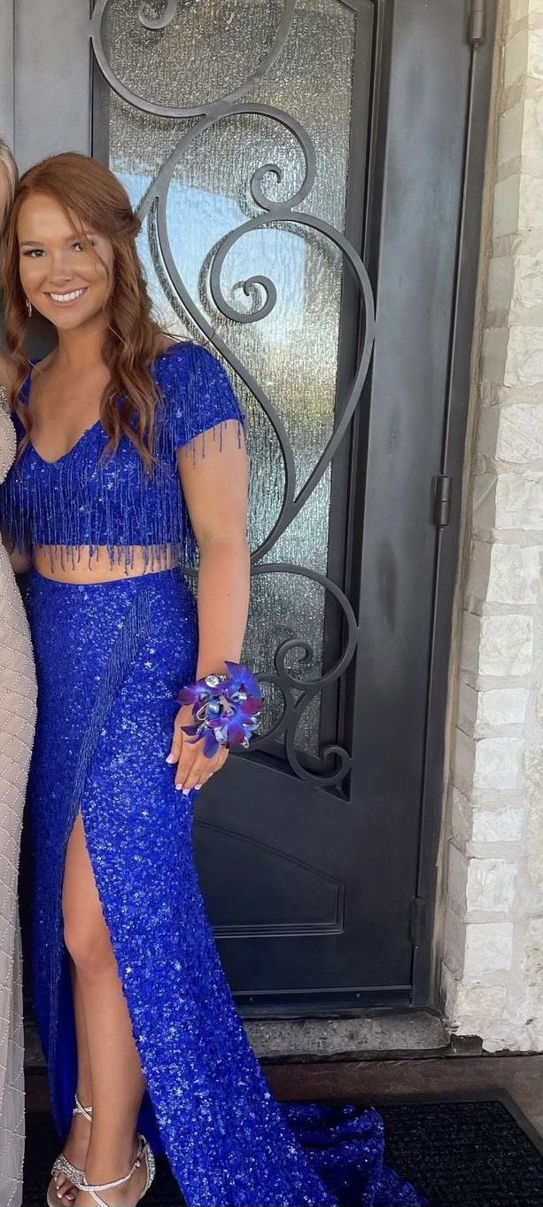 Sherri Hill Size 2 Prom Cap Sleeve Sequined Royal Blue Side Slit Dress on Queenly