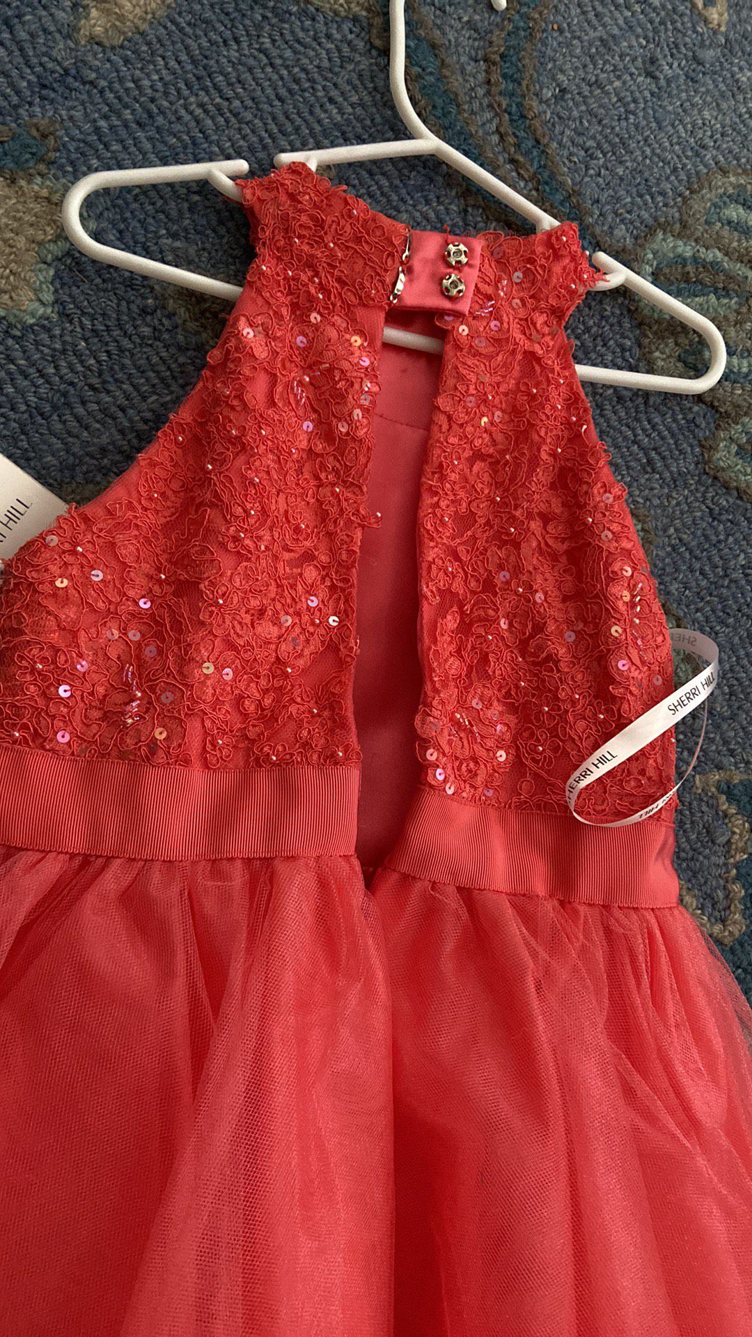 Sherri Hill Girls Size 6 Pageant High Neck Lace Coral Ball Gown on Queenly
