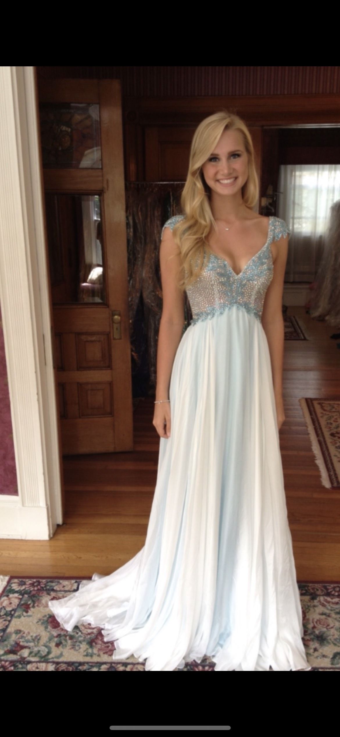 Sherri Hill custom couture Size 0 Prom Cap Sleeve Sequined Light Blue A-line Dress on Queenly