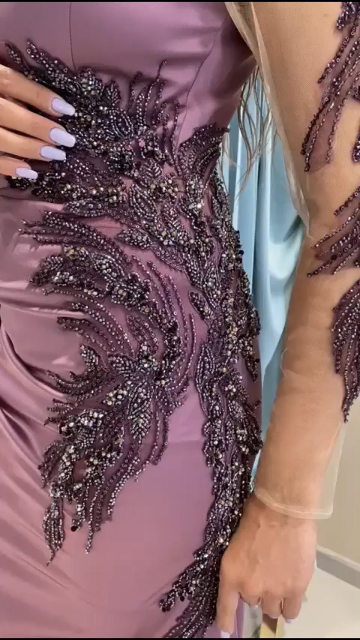 Size 6 Prom Long Sleeve Sheer Purple Side Slit Dress on Queenly