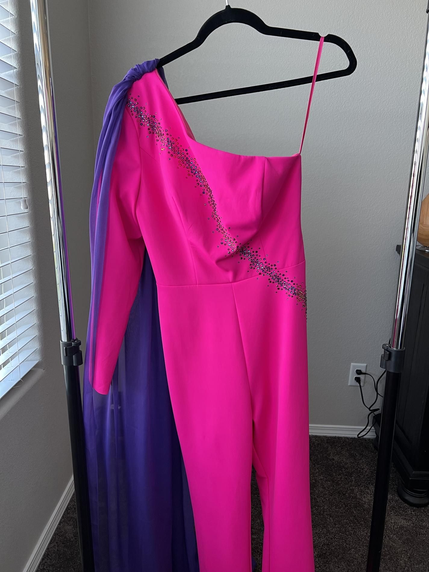 Ashley Lauren Size 10 Fun Fashion One Shoulder Satin Pink Formal Jumpsuit on Queenly