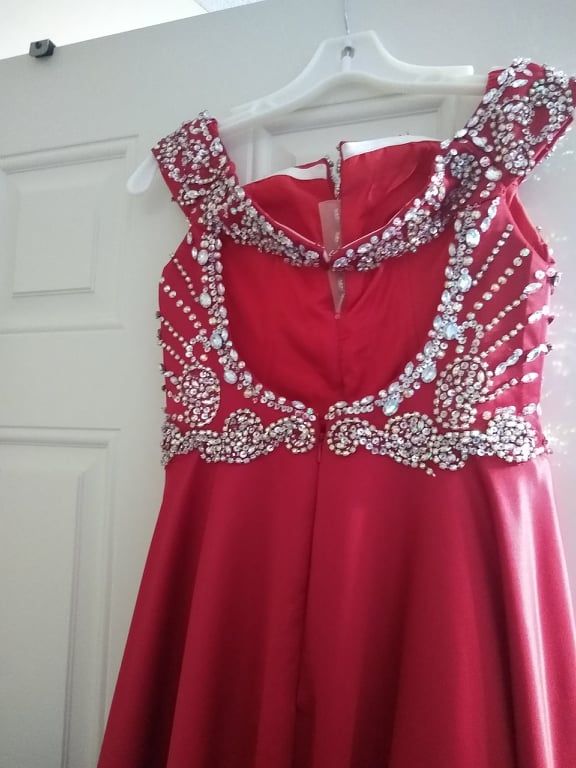 Rachel Allan Size 6 Plunge Sheer Red Dress With Train on Queenly