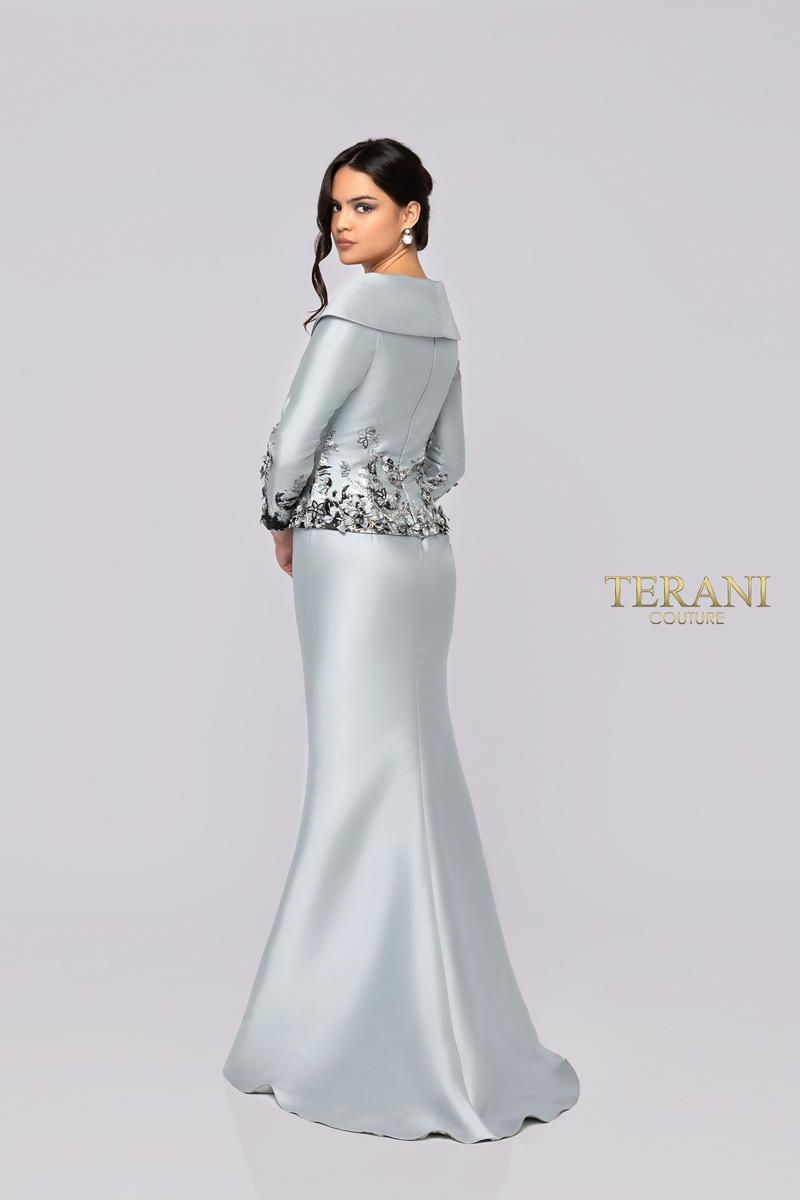 Style 1911M9323 Terani Couture Size 10 Pageant Silver Side Slit Dress on Queenly