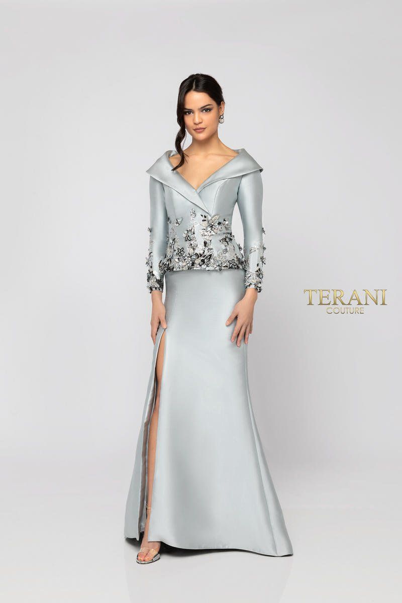 Style 1911M9323 Terani Couture Plus Size 18 Pageant Silver Side Slit Dress on Queenly