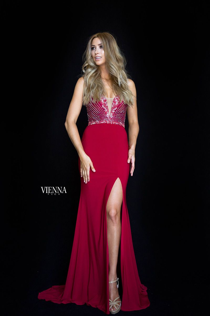 Style 8469 Vienna Red Size 4 Pageant Sheer Prom Side slit Dress on Queenly