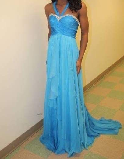 Size 0 Pageant Halter Blue Dress With Train on Queenly