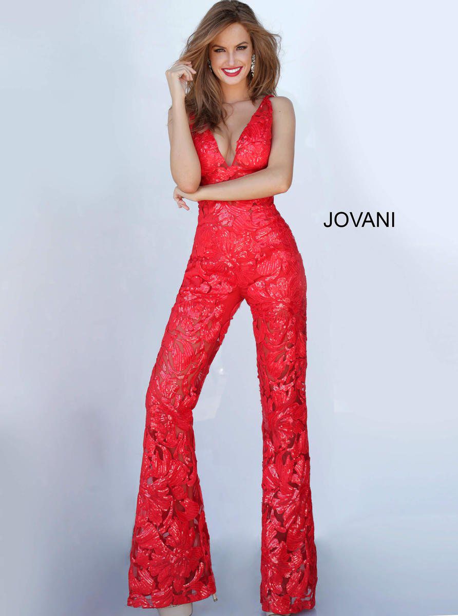 Style 00474 Jovani Size 6 Pageant Sheer Red Formal Jumpsuit on Queenly