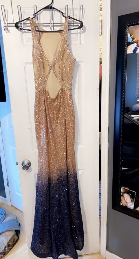 Size 2 Prom High Neck Navy Gold Floor Length Maxi on Queenly
