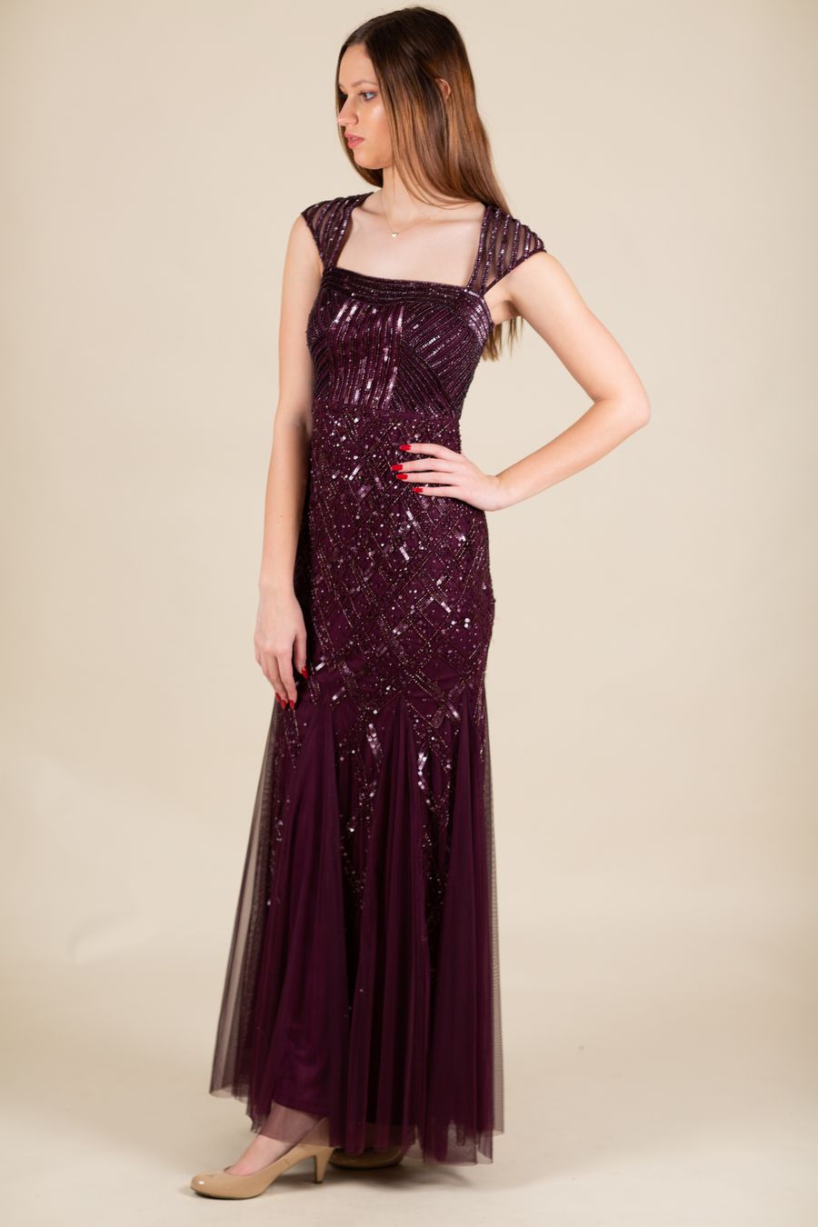 Adrianna Papell Size 4 Prom Cap Sleeve Sequined Purple A-line Dress on Queenly