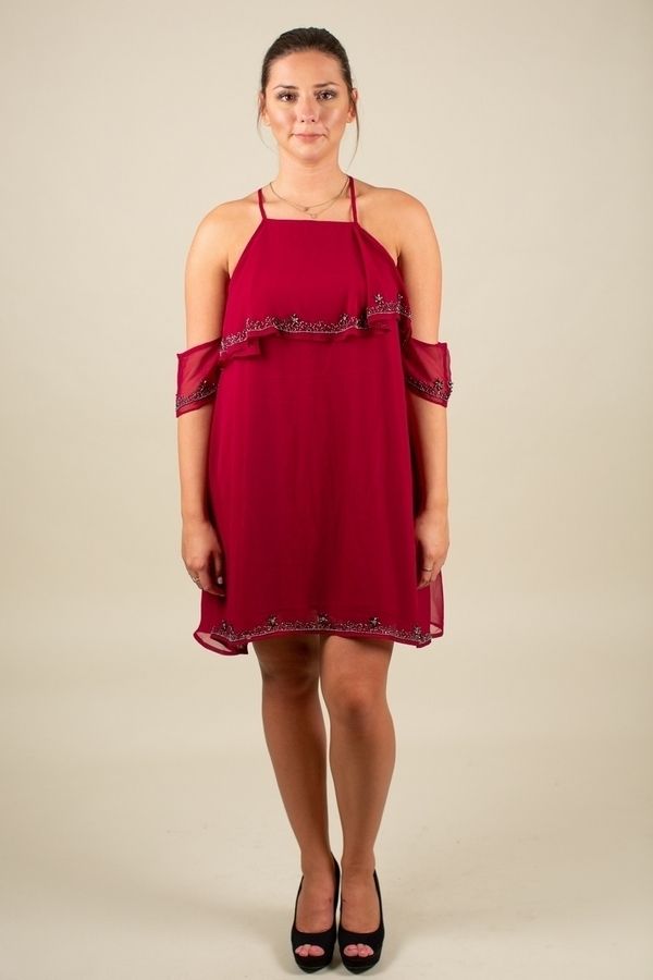 Dry Goods Size 6 Off The Shoulder Sheer Burgundy Red Cocktail Dress on Queenly