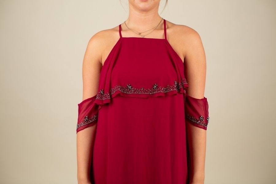 Dry Goods Size 6 Off The Shoulder Sheer Burgundy Red Cocktail Dress on Queenly