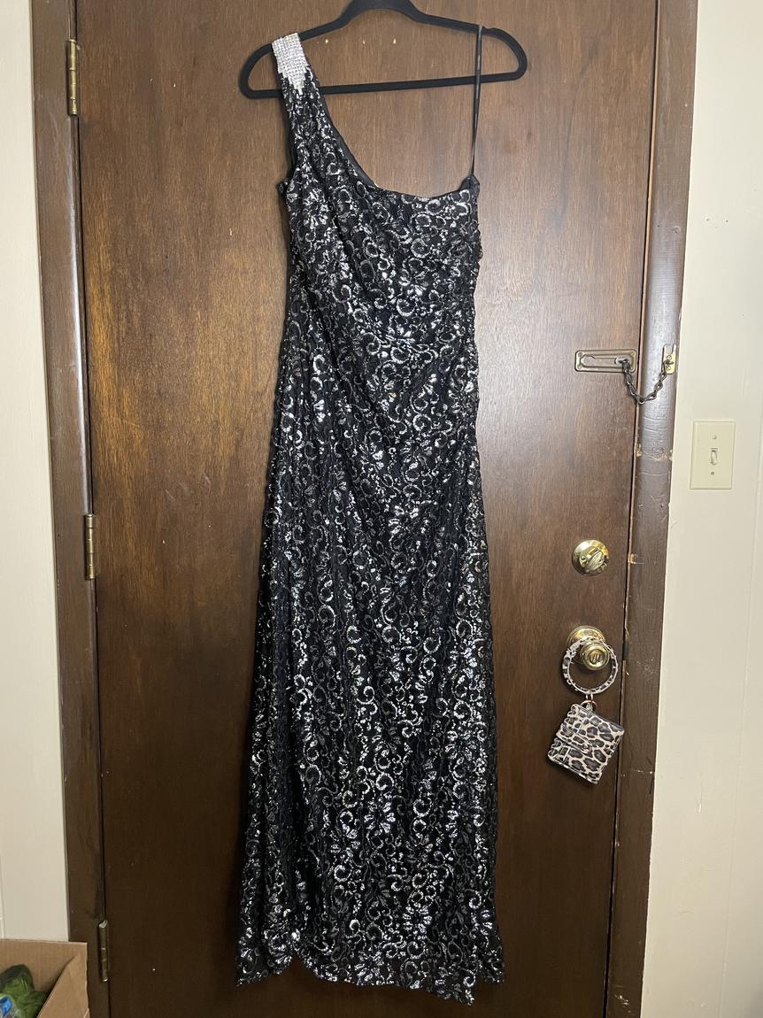 Calvin Klein Size 14 Prom One Shoulder Lace Black Floor Length Maxi on Queenly