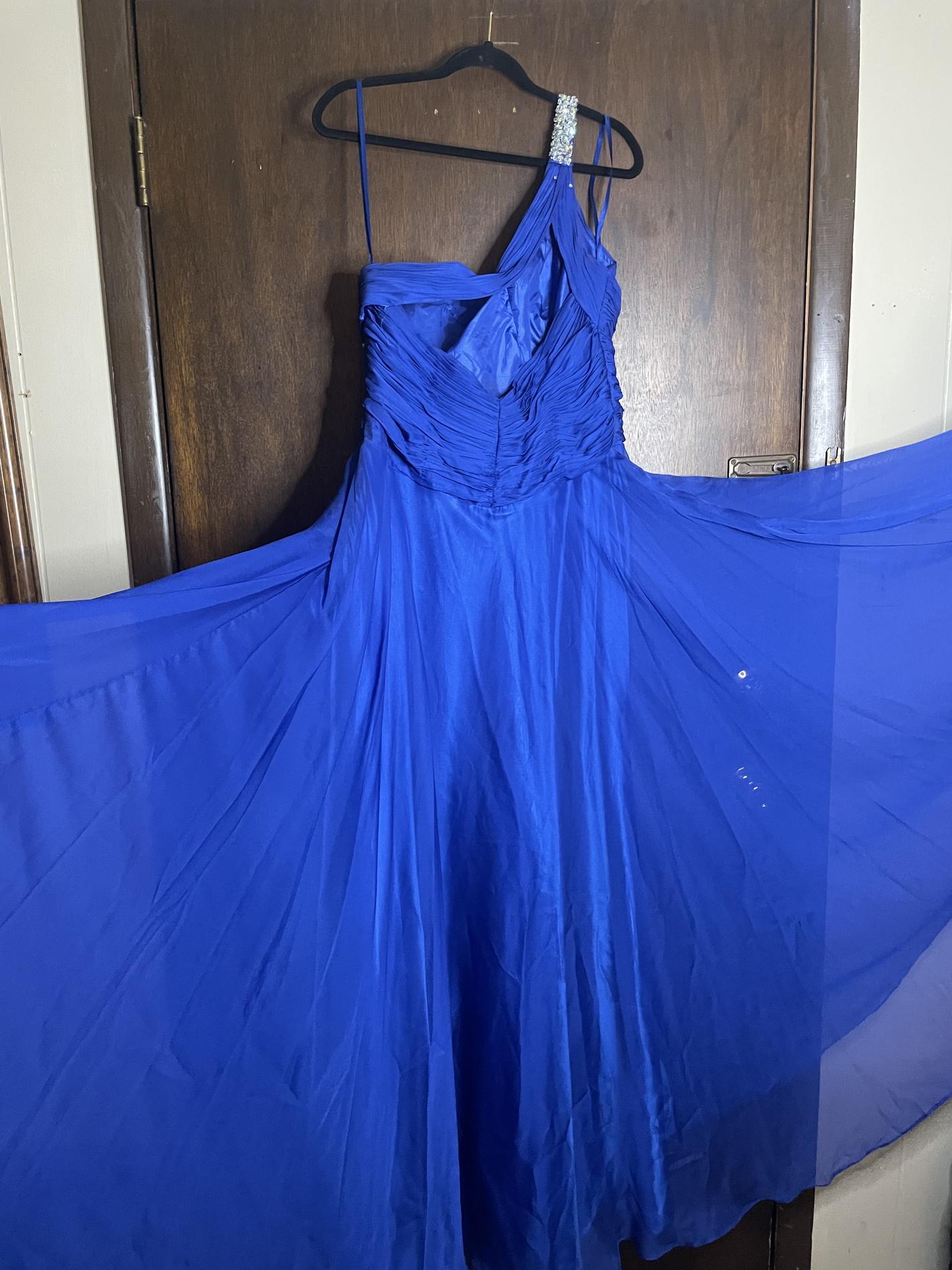 Mac Duggal Plus Size 16 One Shoulder Satin Royal Blue Side Slit Dress on Queenly