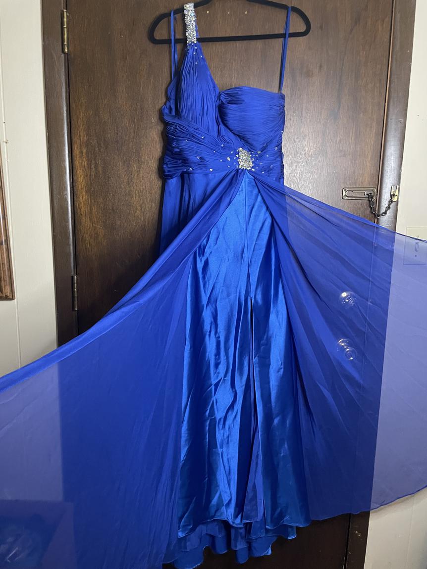 Mac Duggal Plus Size 16 One Shoulder Satin Royal Blue Side Slit Dress on Queenly