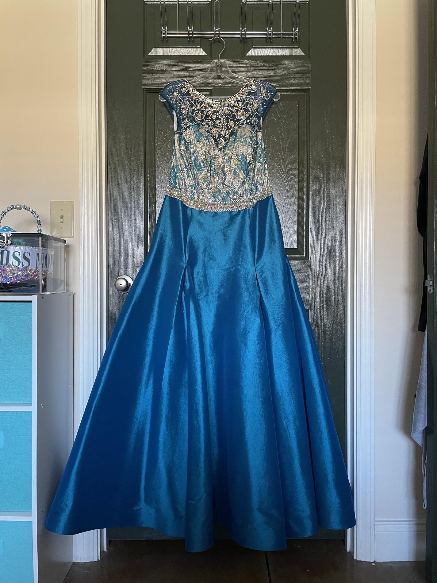 Mac Duggal Girls Size 14 Turquoise Blue A-line Dress on Queenly