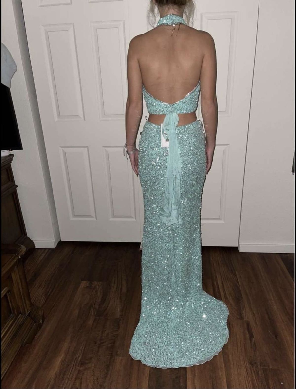 Sherri Hill Size 4 Prom High Neck Sequined Light Blue Mermaid Dress on Queenly