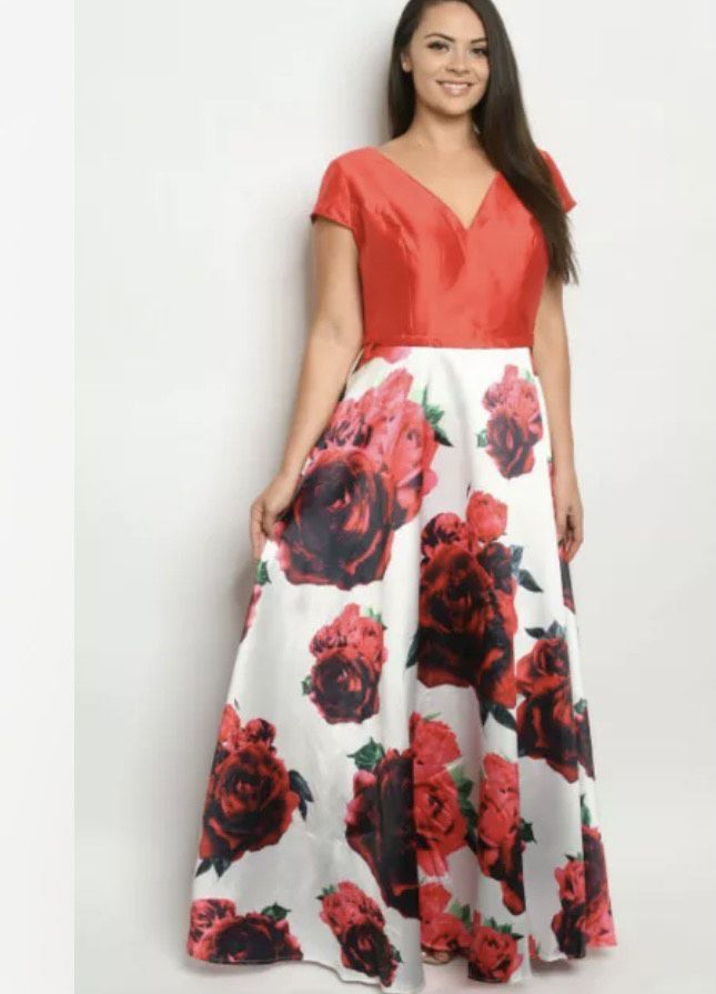 Plus Size 16 Prom Cap Sleeve Floral Red A-line Dress on Queenly