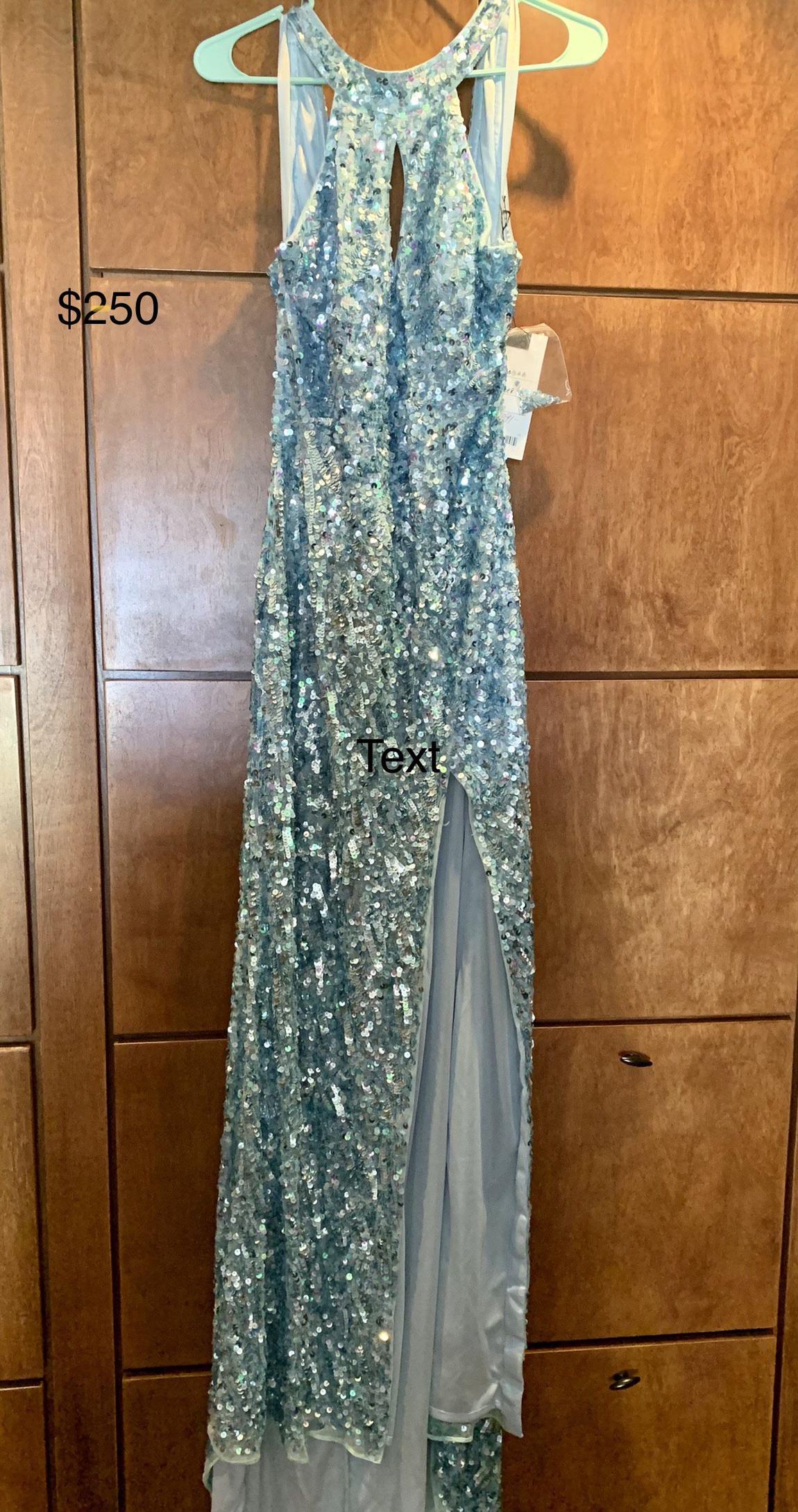 Size 10 Prom High Neck Light Blue Side Slit Dress on Queenly