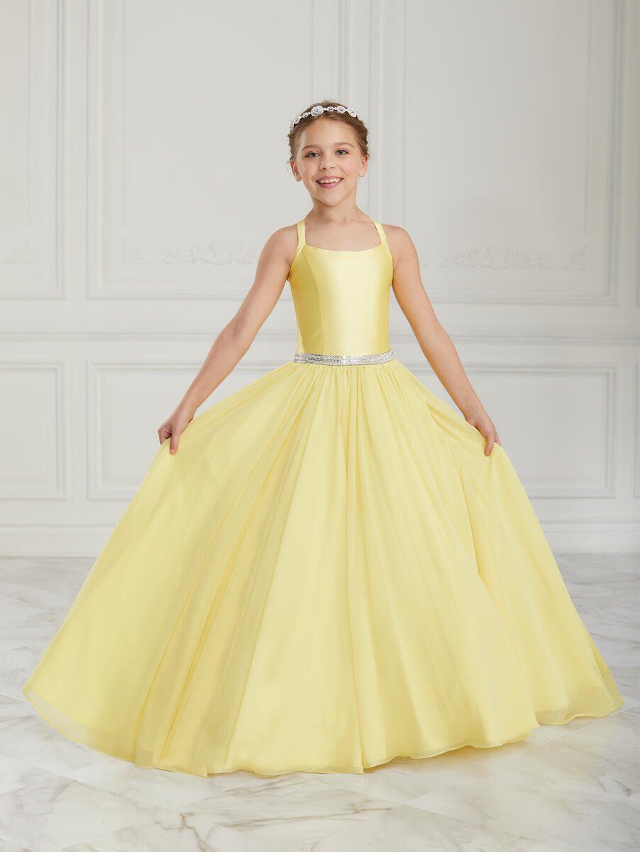 Style 13617 Tiffany Designs Girls Size 8 Satin Yellow Ball Gown on Queenly