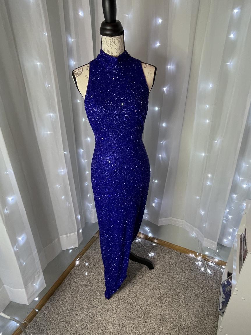 Ritzee Size 2 Sequined Royal Blue Side Slit Dress on Queenly