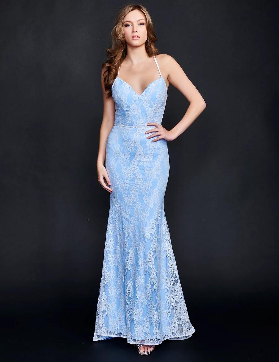 Style 2313 Nina Canacci Size 12 Prom Lace Light Blue Floor Length Maxi on Queenly