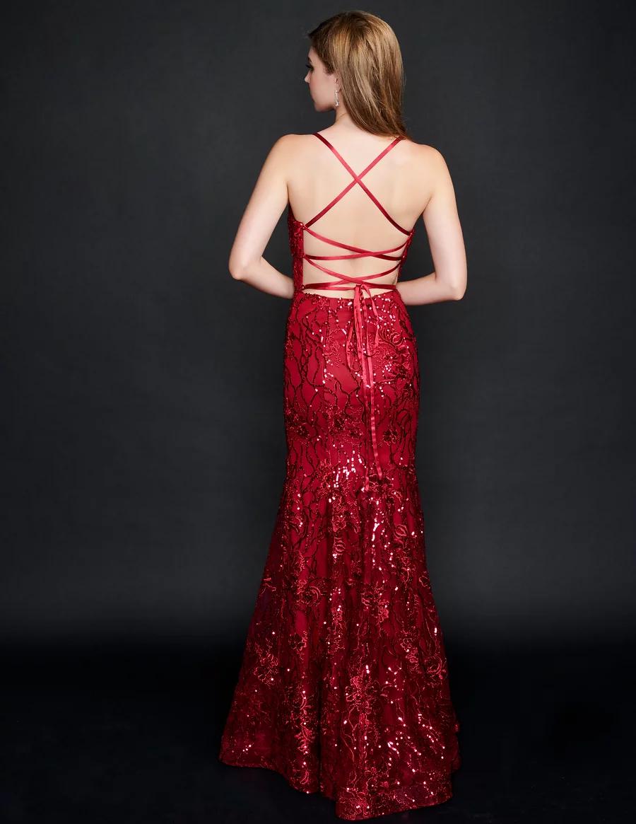 Style 9129 Nina Canacci Size 8 Prom Sequined Red Side Slit Dress on Queenly