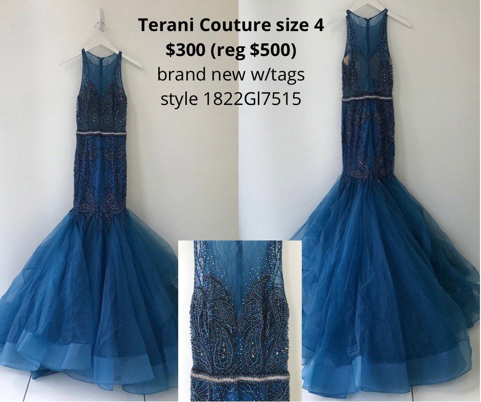 Terani Couture Size 4 Prom Halter Sequined Turquoise Blue A-line Dress on Queenly
