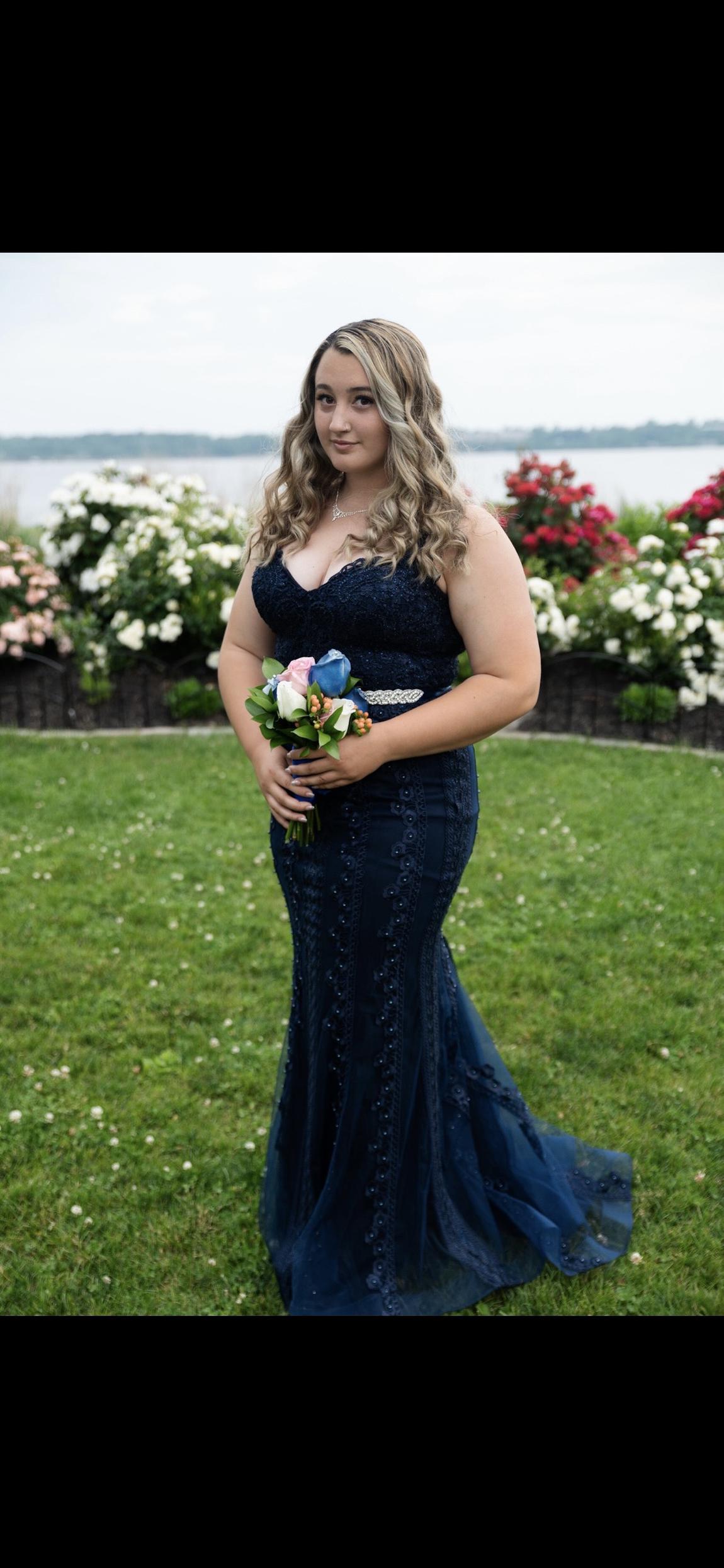 Jovani Plus Size 16 Prom Lace Navy Blue Mermaid Dress on Queenly
