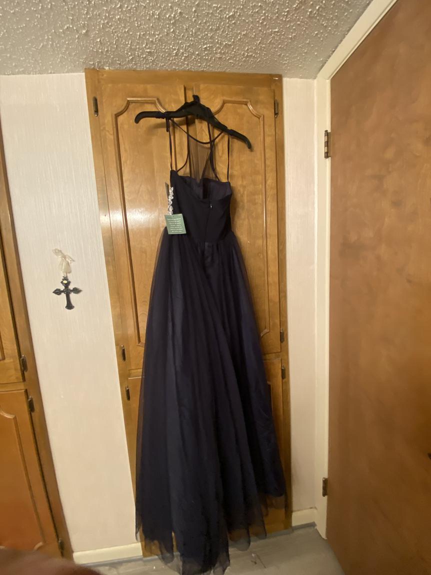 Size 0 Prom Lace Navy Blue Ball Gown on Queenly