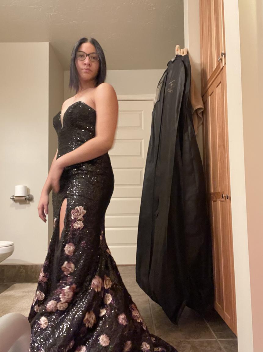 Ellie Wilde Size 12 Sequined Black Side Slit Dress on Queenly