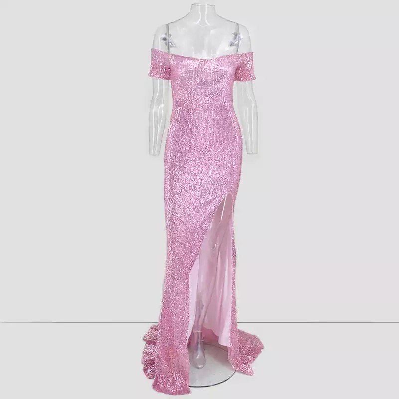 Size 2 Prom Off The Shoulder Sequined Light Pink Side Slit Dress on Queenly