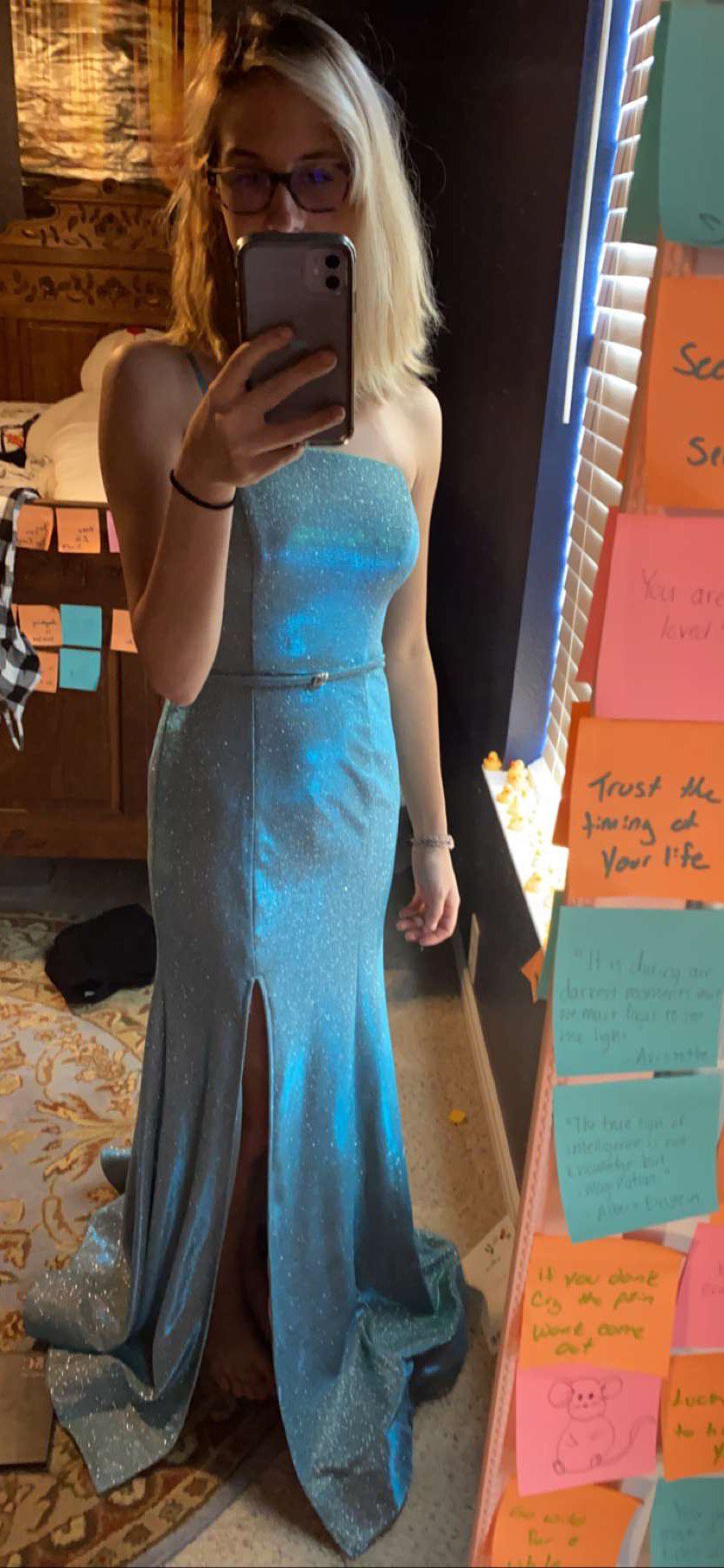 Size 2 Prom Strapless Sequined Light Blue Mermaid Dress on Queenly