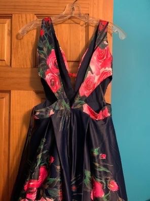 Jovani Size 4 Floral Navy Blue A-line Dress on Queenly