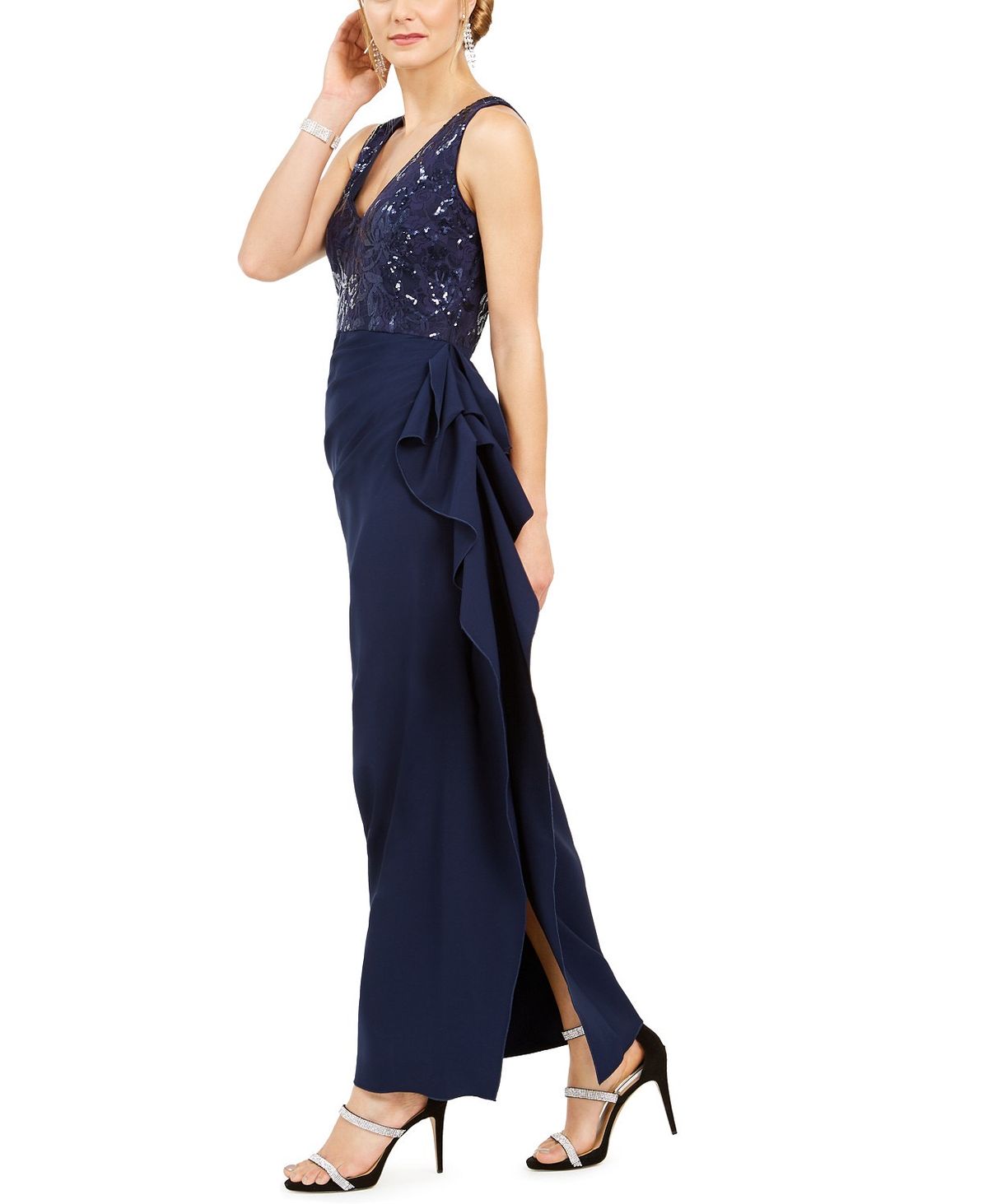 Vince Camuto Size 4 Prom Lace Navy Blue Side Slit Dress on Queenly