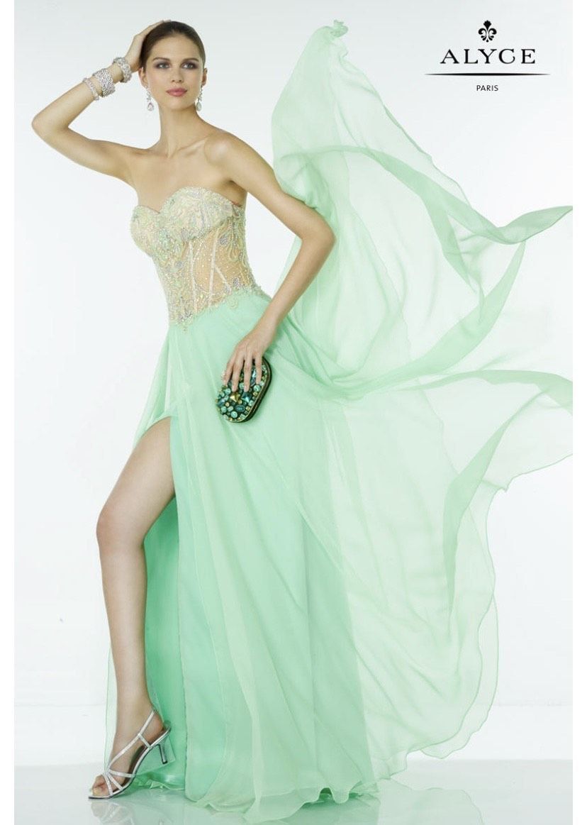Alyce Paris Size 2 Prom Strapless Sequined Light Green Side Slit Dress on Queenly