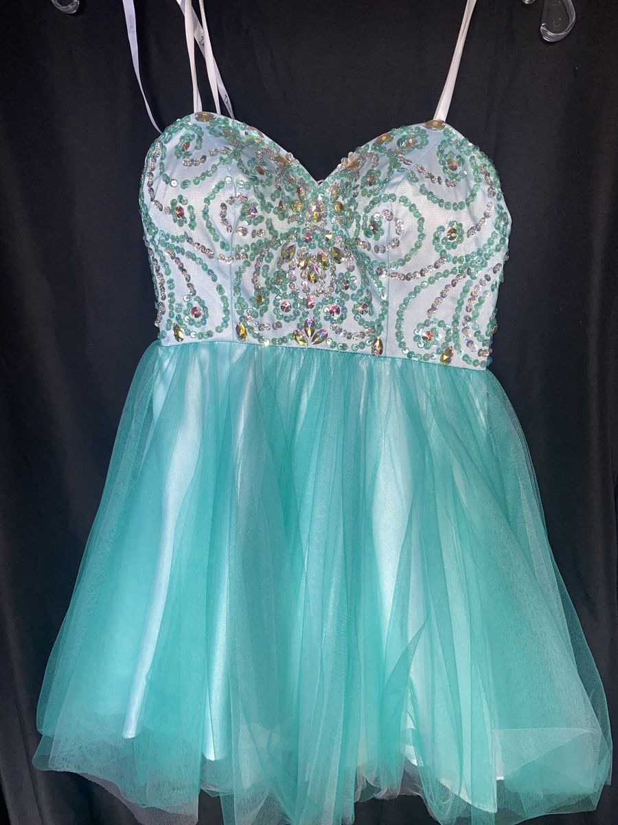 Size 0 Homecoming Strapless Lace Light Blue Ball Gown on Queenly