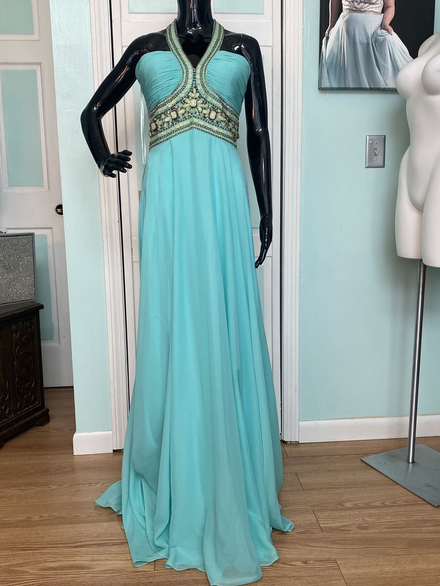 Madison James Size 10 Prom Halter Green A-line Dress on Queenly