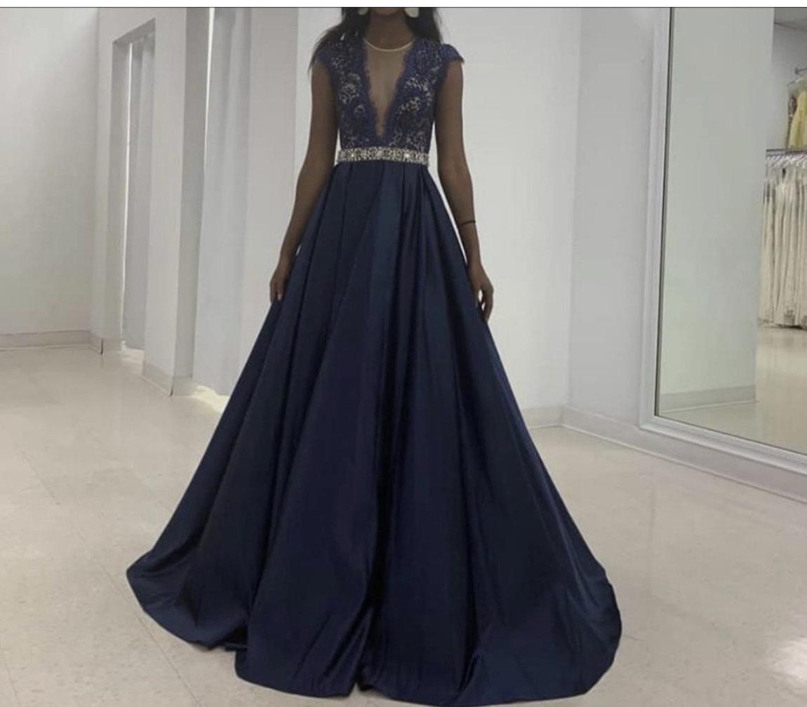Jovani Size 0 Prom Lace Navy Blue A-line Dress on Queenly
