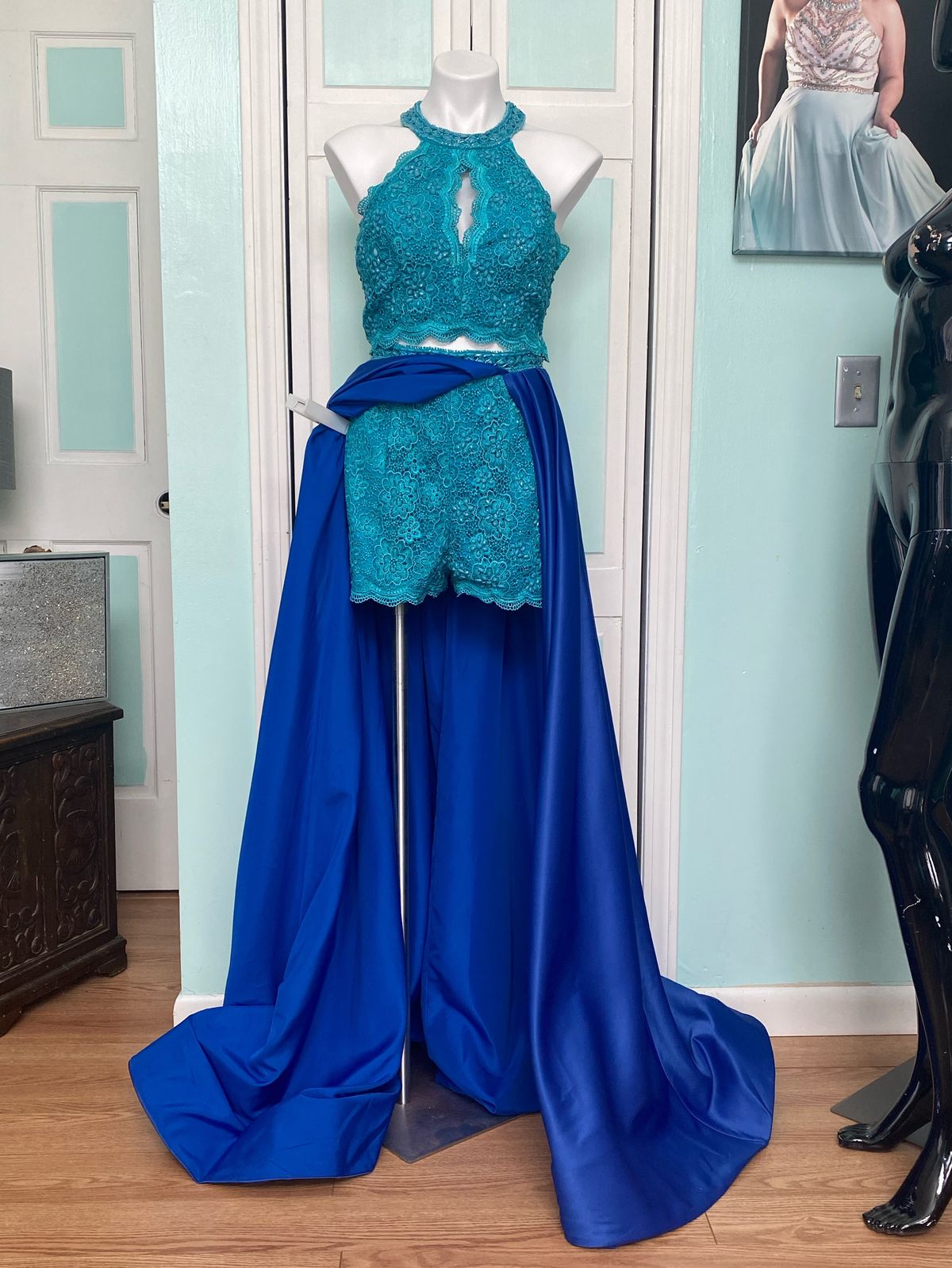 Rachel Allan Size 10 Prom Turquoise Blue Formal Jumpsuit on Queenly
