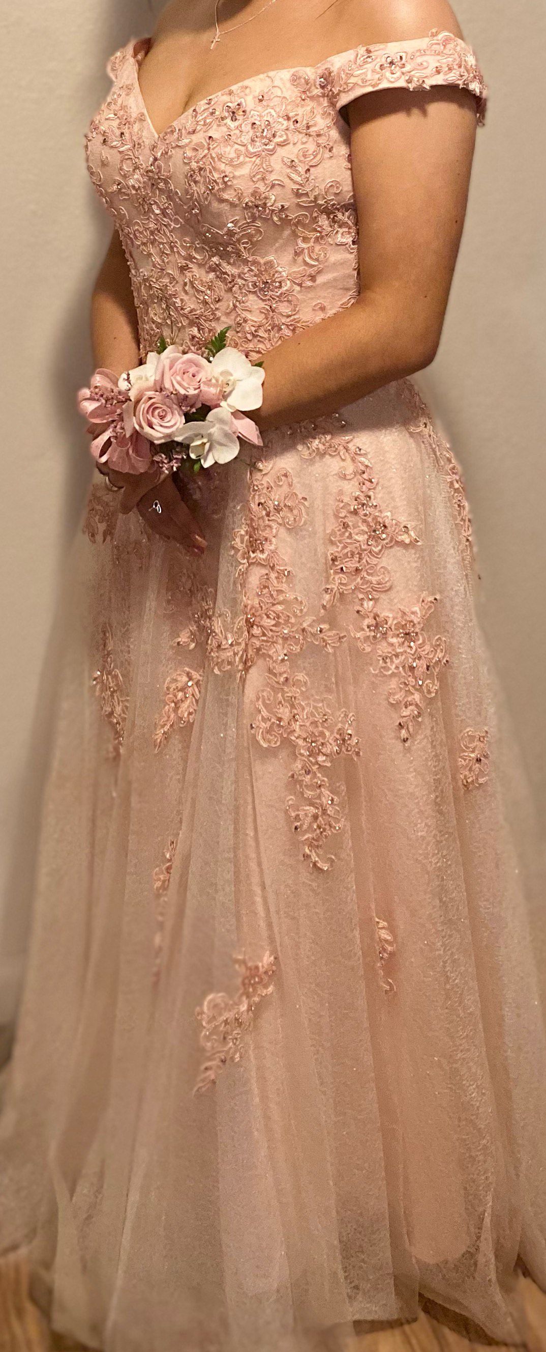Let’s Size 8 Prom Off The Shoulder Sequined Light Pink Ball Gown on Queenly